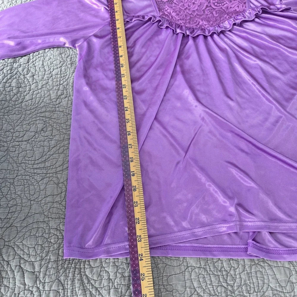 Vtg 80s Womens XL Sleep Shirt Nylon Long Sleeve Lace Front Purple‎ Retro
